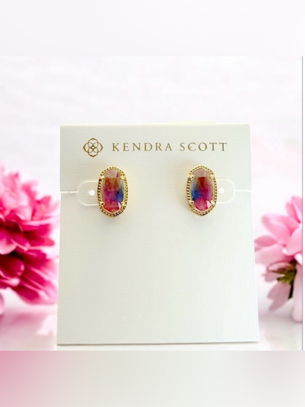 Kendra Scott Earrings — Gold Iridescent Pink Blue Watercolor Oval Studs - Picture 2 of 5